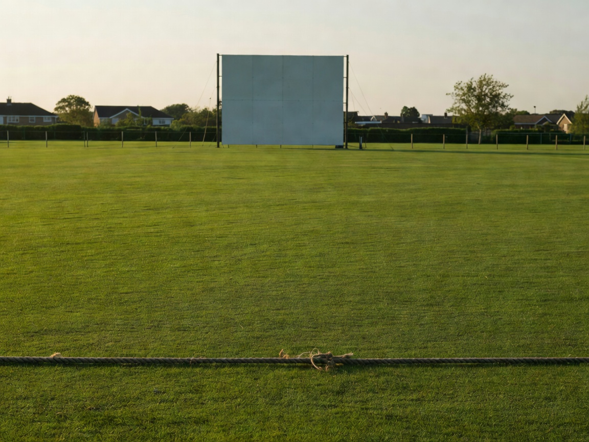 Cricket outfield with sightscreen and boundary rope at a domestic ground