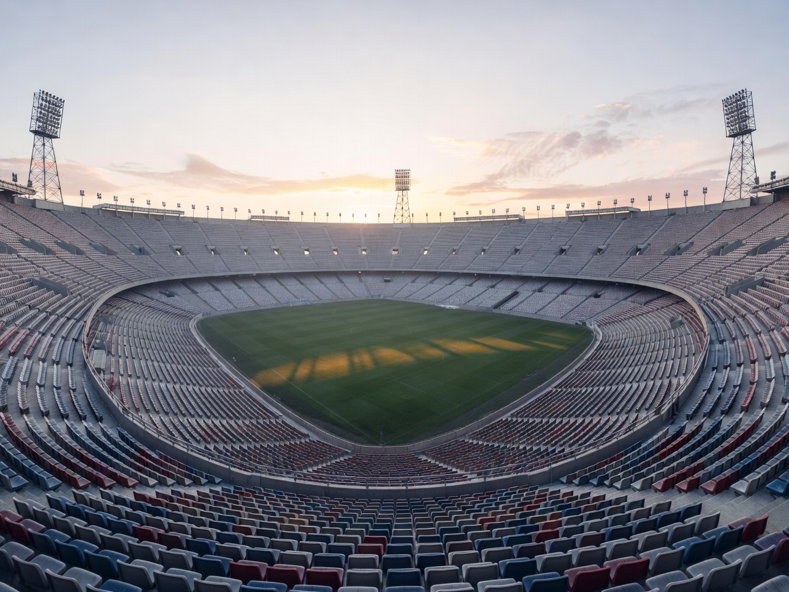 Empty stadium seating bowl and floodlight towers photographed in soft morning light