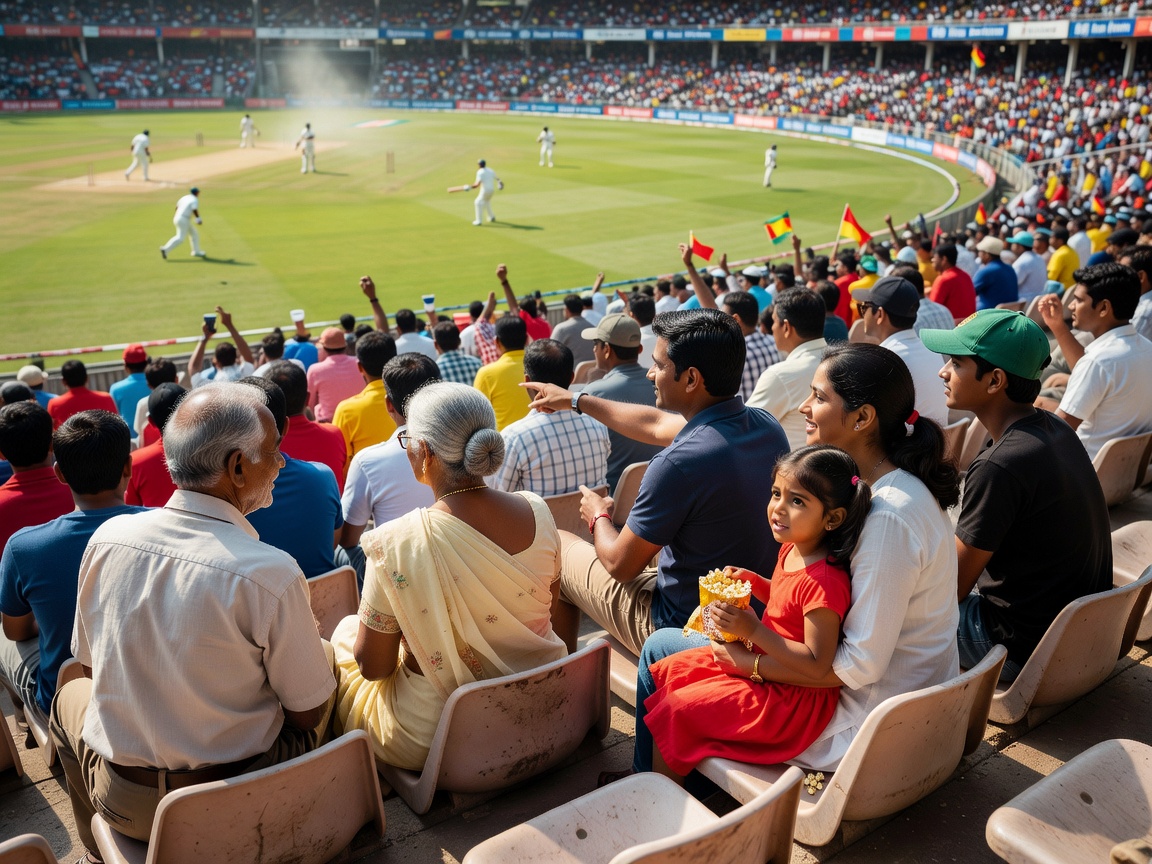 Family group seated together in a stadium stand watching a cricket match