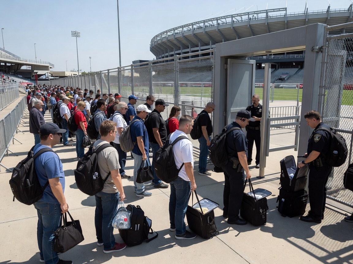 Line of spectators queuing at a stadium entry gate with bags being checked