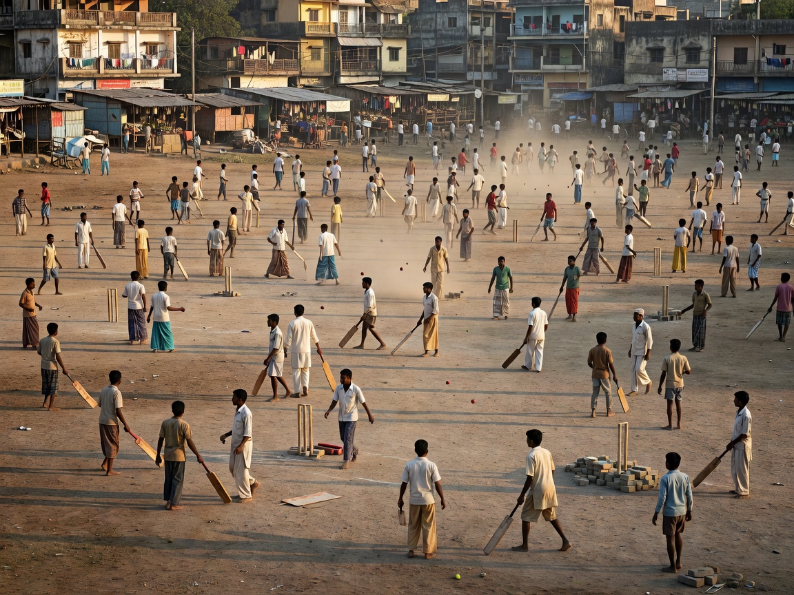 Open city maidan with several informal cricket games underway at once